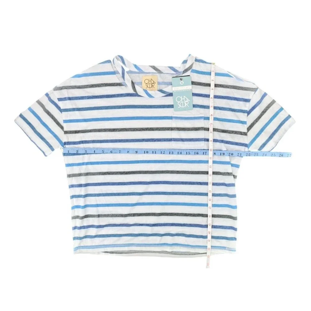 Chaser Recycled Striped Short Sleeve Top Women Size Small Pocket Vented Shirt - Picture 7 of 7